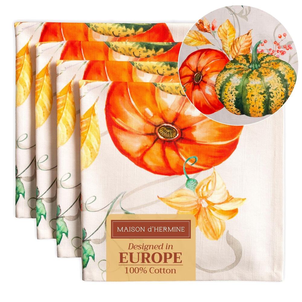 Maison d'Hermine Fall Autumn Pumpkin Gourd Napkins Set 4 Cotton Dinner Table